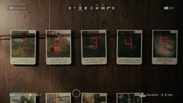 An in game screenshot of the Case Board in Alan Wake 2, where five photos are numbered in red pen.