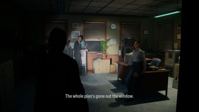 An in game screenshot of Saga speaking with Casey and Estevez in Alan Wake 2.