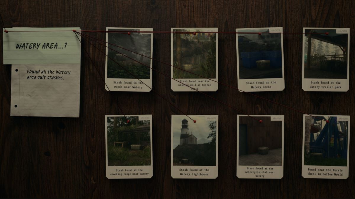 An in-game screenshot of the Case Board in Alan Wake 2, which shows all eight Cult stashes in Watery.
