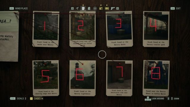 An in game screenshot from Alan Wake two that shows the Case Board photographs of Watery Cult Stashes. numbers are written in red pen on the photos.