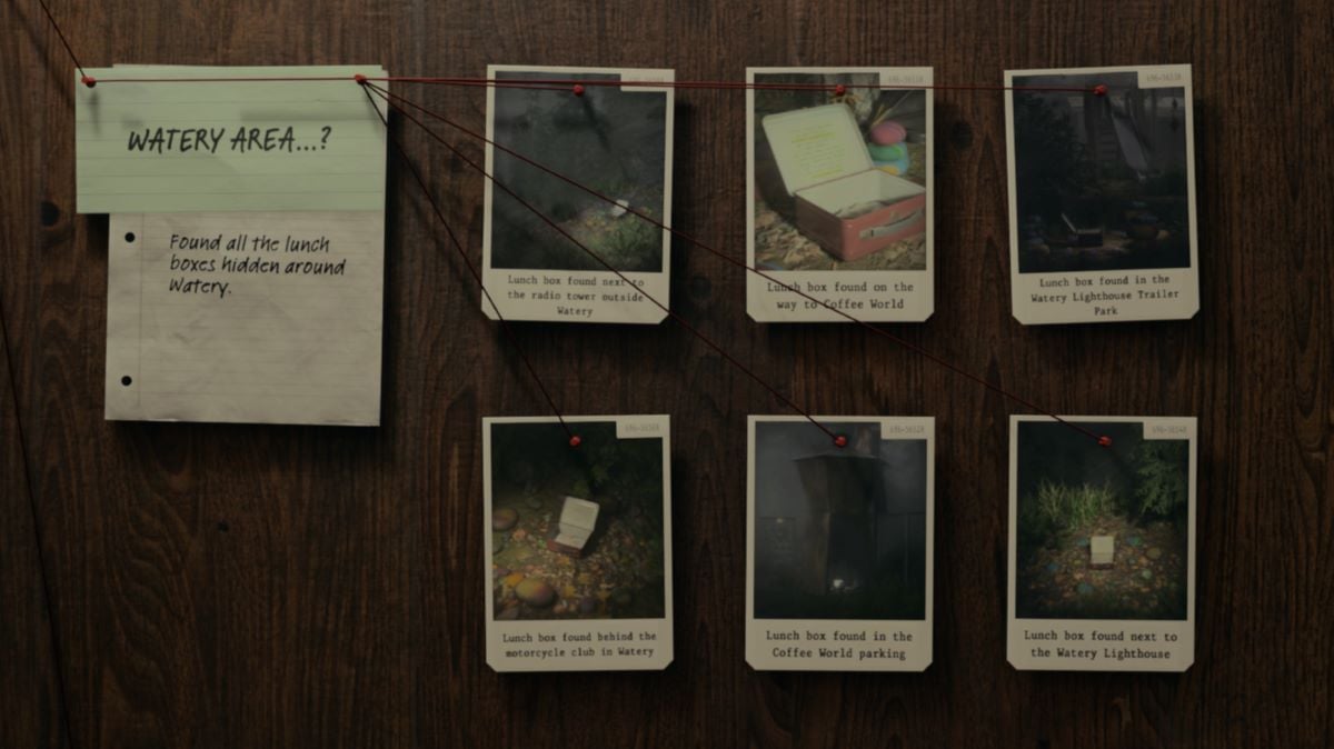 A screenshot of the Case Board in Alan Wake 2, with photos of lunch box locations pinned.