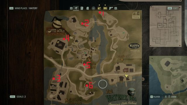 An in-game screenshot of the map of Watery in Alan Wake 2, with red numbers showing Lunch Box locations.
