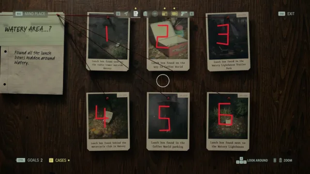 an in-game screenshot of the Case Board in Alan Wake 2, with numbers assigned to photos.