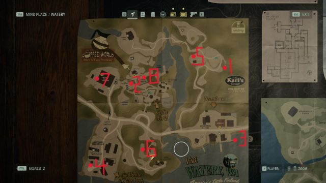 An in-game screenshot from Alan Wake 2 of the map of Watery, with red numbers showing the locations of Cult Stashes.