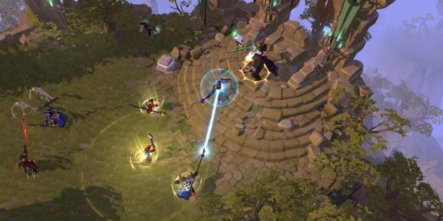 Characters in PvP in Albion Online with a wizard shooting a magic beam