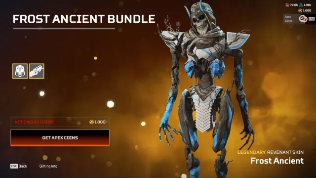 An in game screen shot of a Revenant holiday skin in the Apex Legends store.