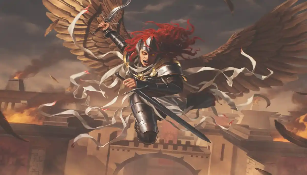 Aurelia flying over burning buildings with sword in hand