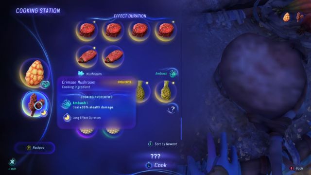 The cooking menu in Avatar: Frontiers of Pandora.