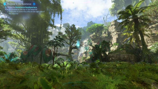 A waterfall in a lush green jungle in Avatar: Frontiers of Pandora.