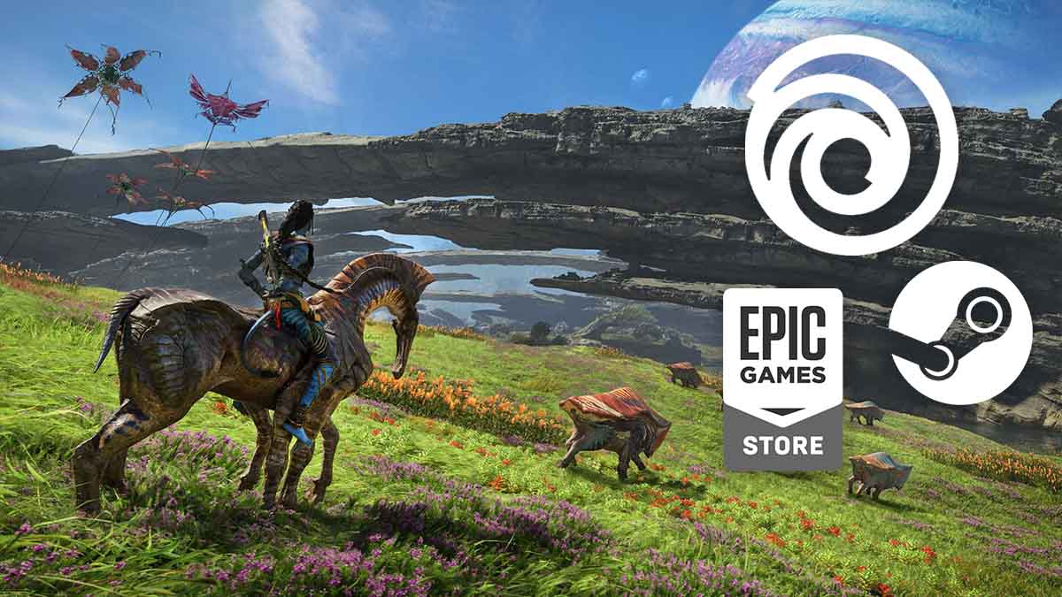Avatar Frontiers of Pandora Na'vi riding a Direhorse with Ubisoft, Epic Games Store and Steam logos