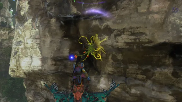 A Na'vi approaching a Whip Leaf on the back of an Ikran in Avatar: Frontiers of Pandora.