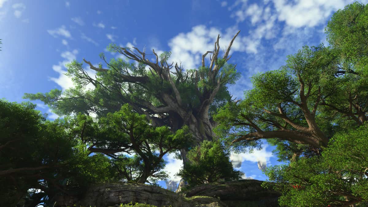 A huge tree dominates the skyline in Avatar: Frontiers of Pandora.