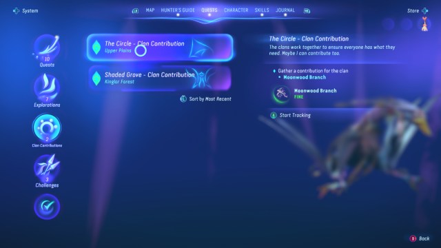 A screenshot of the quests menu in Avatar: Frontiers of Pandora.