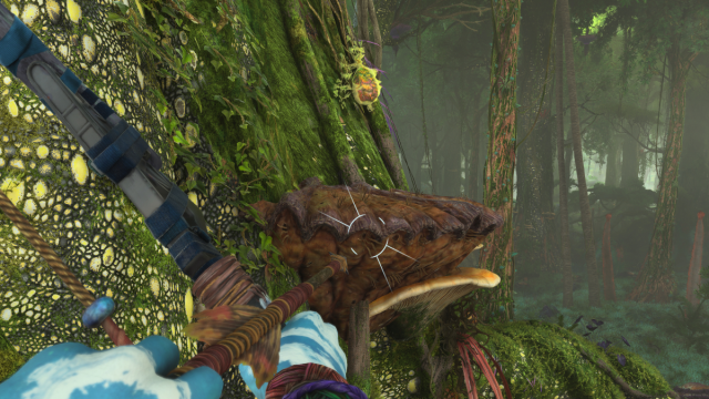 A player draws an arrow at a plant beneath a Shell Fruit in Avatar: Frontiers of Pandora.