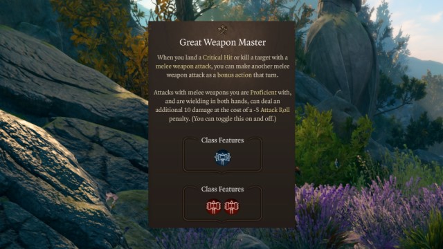The description for the Great Weapon Master feat in Baldur's Gate 3, set on a lush background of the BG3 level-up screen.