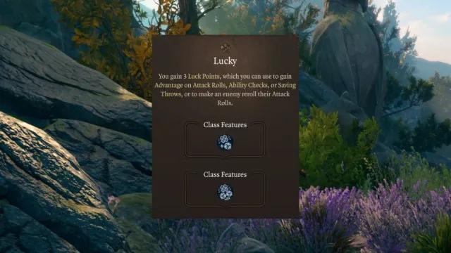 The description for the Lucky feat in Baldur's Gate 3, set on a lush background of the BG3 level-up screen.