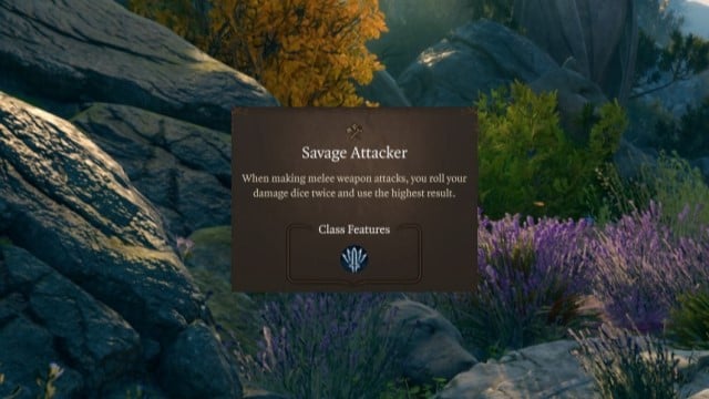 The description of the Savage Attacker Feat in BG3, on a grassy background.
