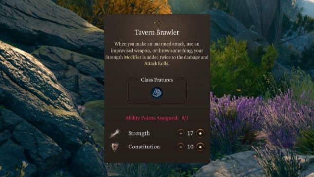 The description of the Tavern Brawler Feat in BG3, on a grassy background.