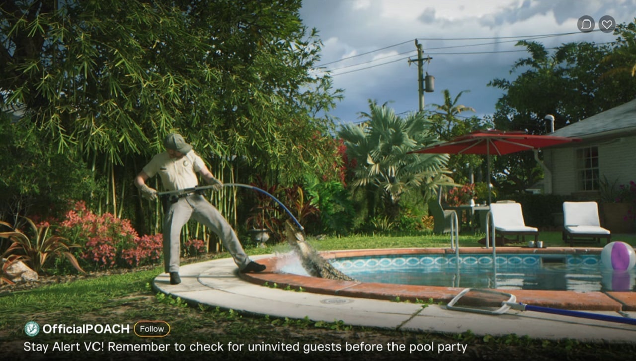 There is a shot of someone trying to rope an alligator that is inside a pool.