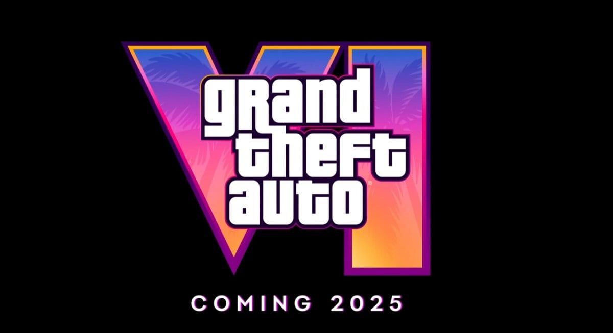There is a shot of the logo of Grand Theft Auto 6. It has the Roman numeral for 6, which has colorful palm trees in it.