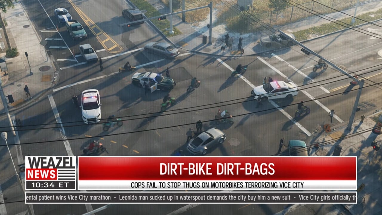 There is a shot of a news report, with a view of many bikers riding around the area.
