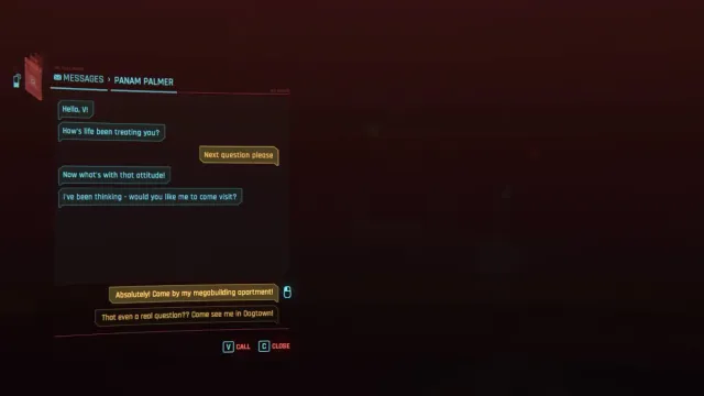 Text message dialogue between Panam and V in Cyberpunk 2077.
