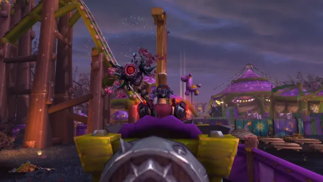 Character on a rollercoaster in World of Warcraft's Darkmoon Faire.