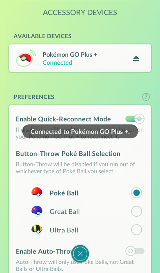 Successful connection of Pokémon Go Plus + with the Pokémon Go app screen
