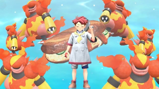 Crispin from Pokemon Scarlet and Violet with a sandwich and a bunch of Magmortar's standing behind him.