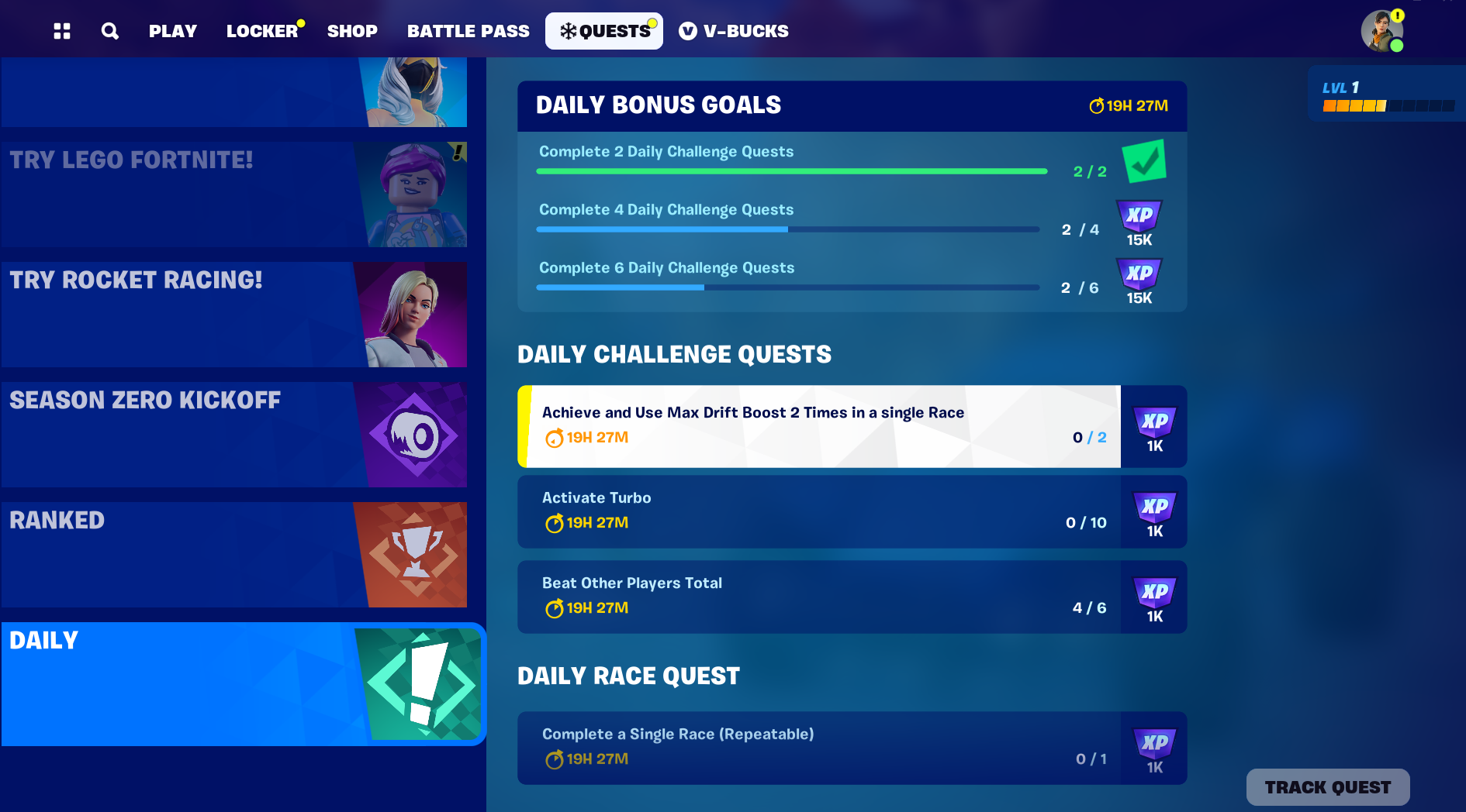 list of daily quests within Fortnite Rocket Racing