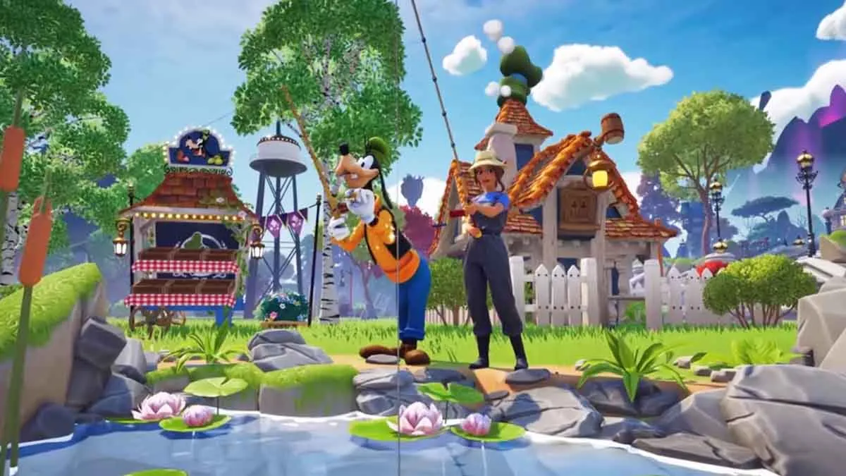 Goofy and a player character stand by a lake fishing in Disney Dreamlight Valley.