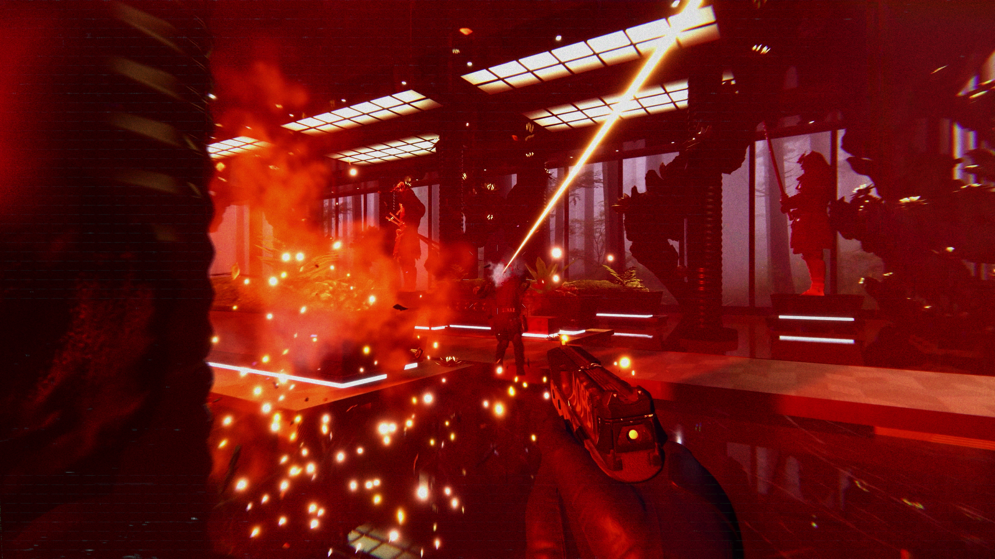 A screenshot of a firefight in a high-end futuristic building.