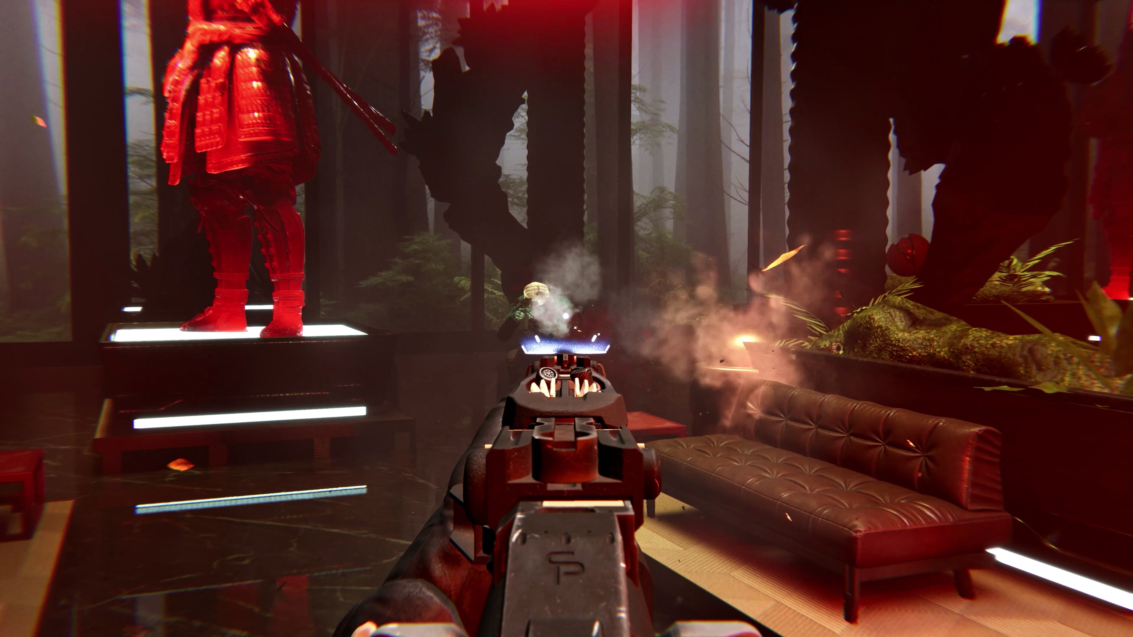 A player with a rifle fires against a combatant in a high-end penthouse with a samurai armor in it.