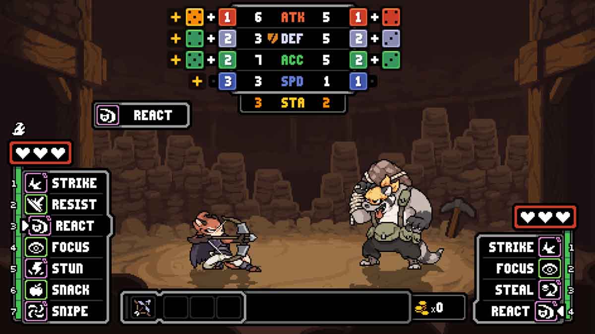 Pixel-art turn-based combat in the dice-based RPG Dungeons of Aether