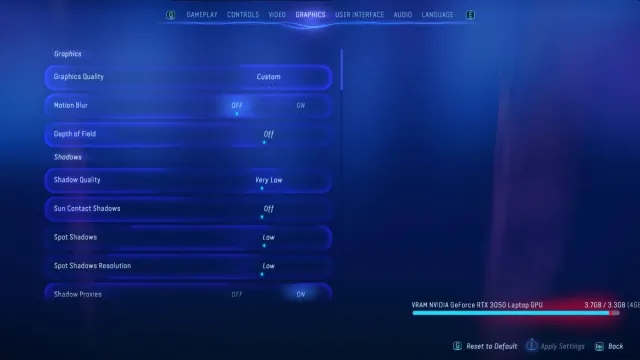The Graphics settings menu in Avatar: Frontiers of Pandora.