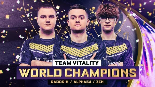 Three young men in Team Vitality jerseys stand triumphant. They have become Rocket League champions.