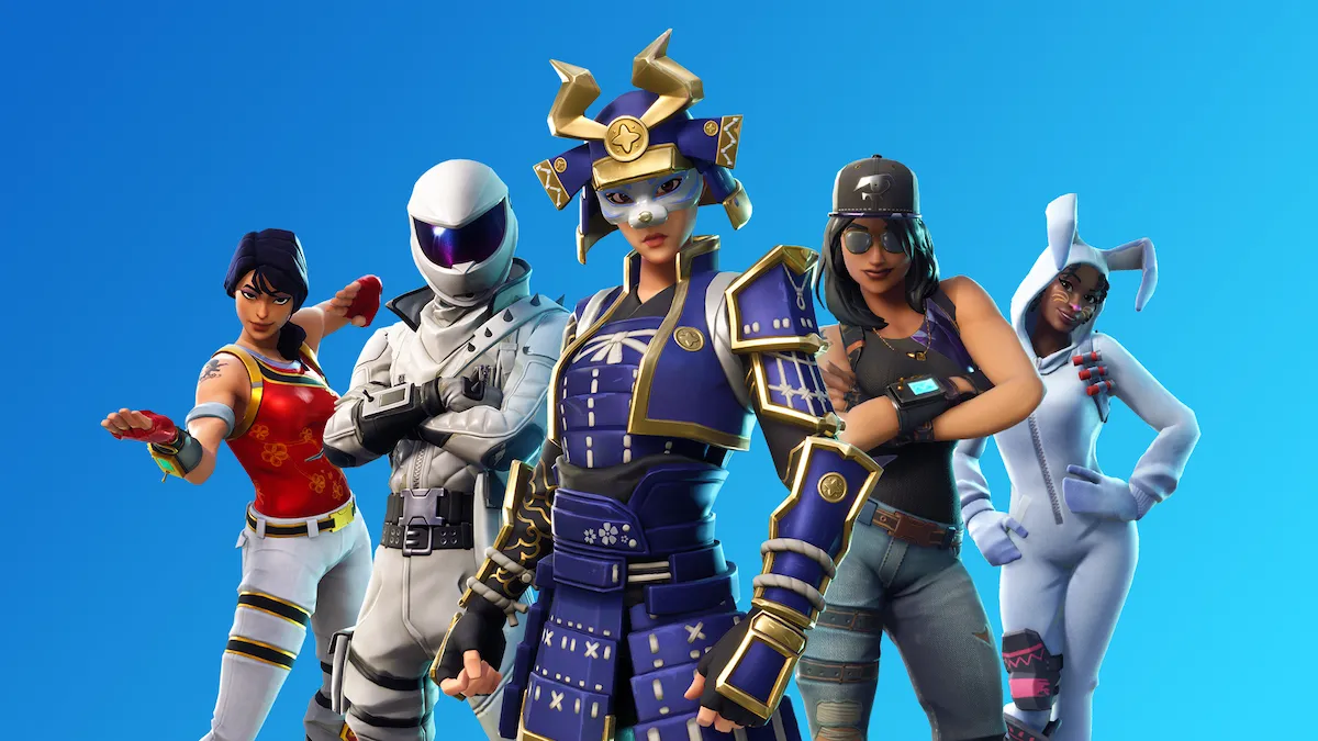Five Fortnite characters standing next to each other.