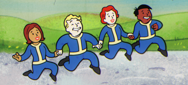 Fallout Vault Boy and friends illustration with him and three other vault dwellers holding hands and skipping down a path