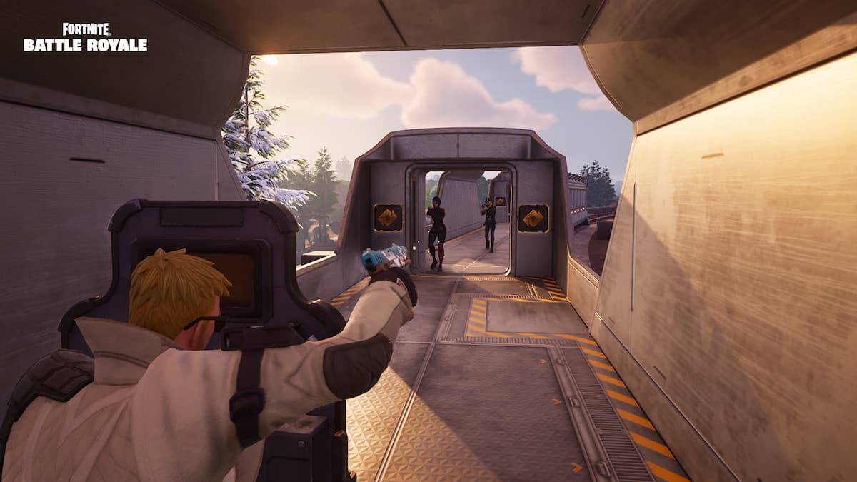 A player fighting on a train with a Ballistic Shield in Fortnite.