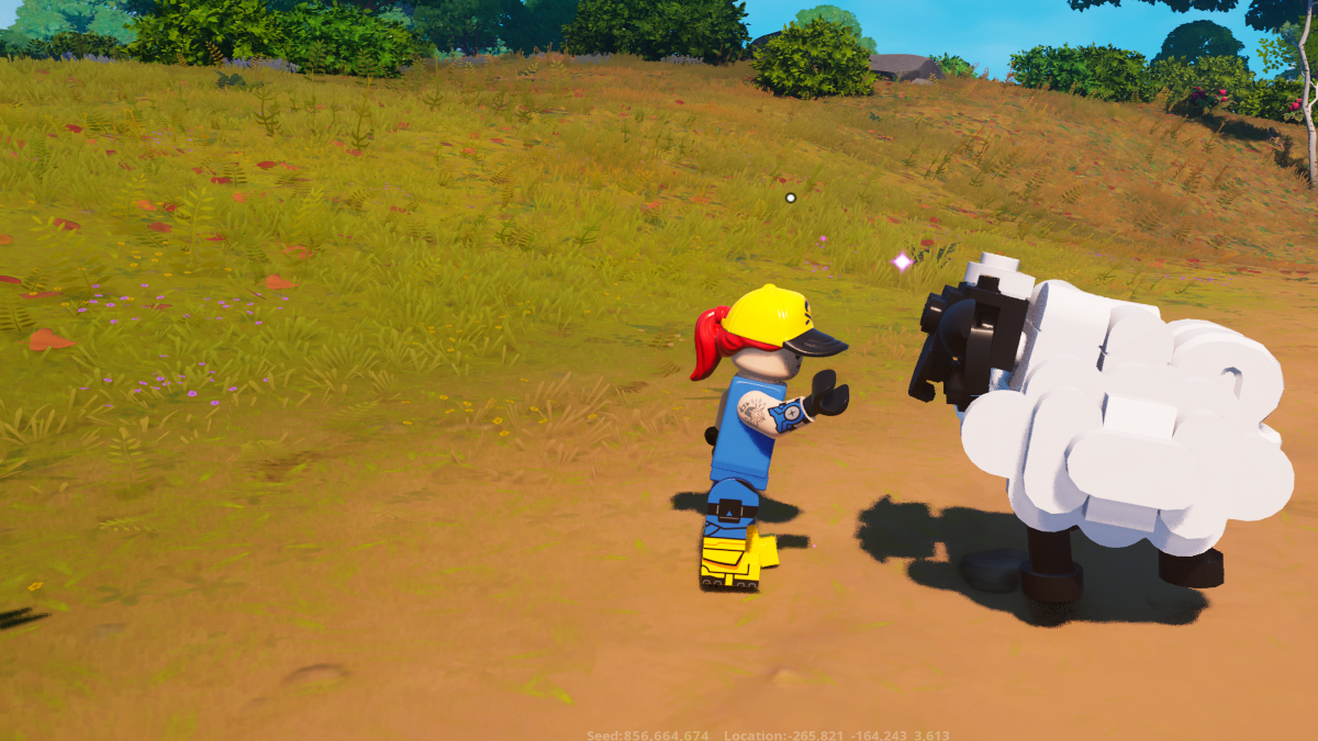 A player in LEGO Fortnite petting a sheep.