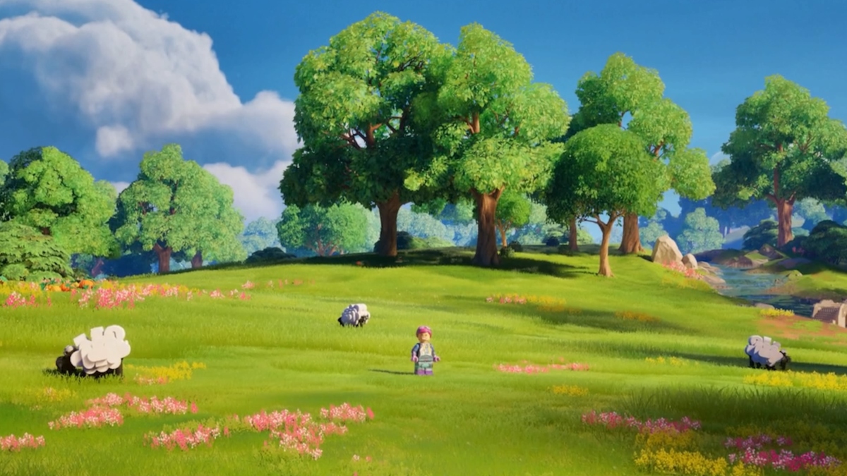 Main character and sheep loaded into new LEGO Fortnite game on grassy biome