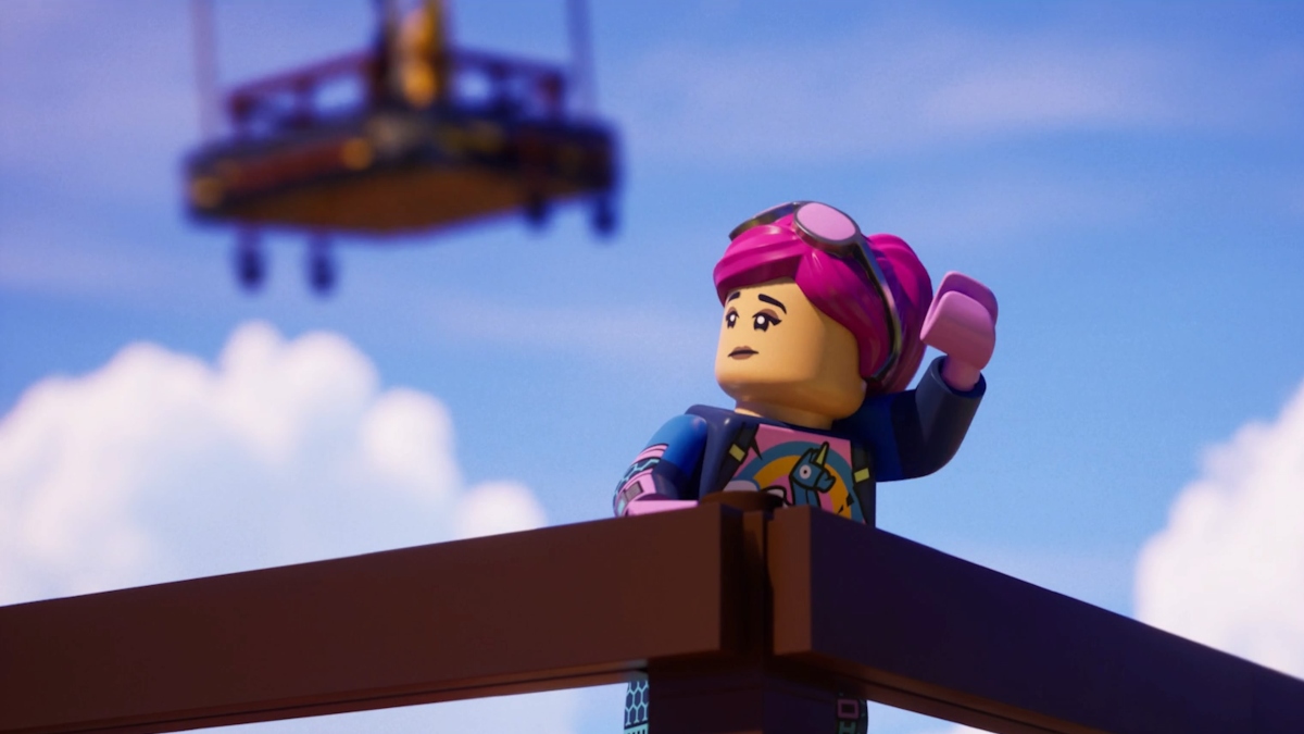 Character waving at passing hot air balloon in LEGO Fortnite opening