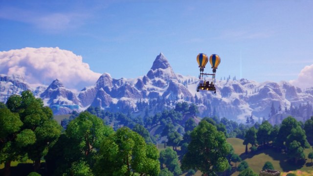 Hot air balloon flying into Frostlands in LEGO Fortnite opening