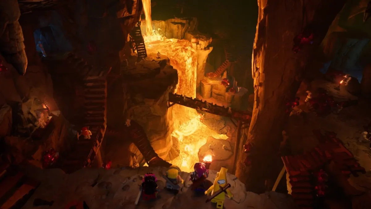Lava cave from opening cutscene in LEGO Fortnite
