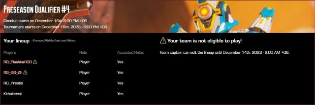 Screenshot of Battlefy with a notification stating "Your team is not eligibile to play" taken by G0_Zh