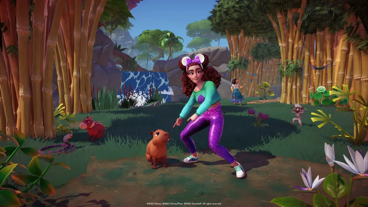 A girl pointing to an animal in the forest in disney dreamlight valley