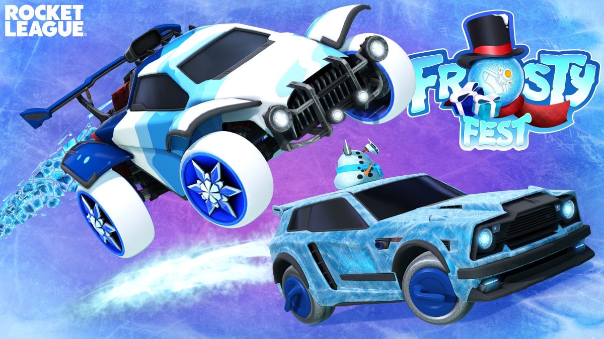 Two cars, coloured in blue and white paint schemes, fly across a frosty aurora background. Beside them, a Frosty Fest logo.