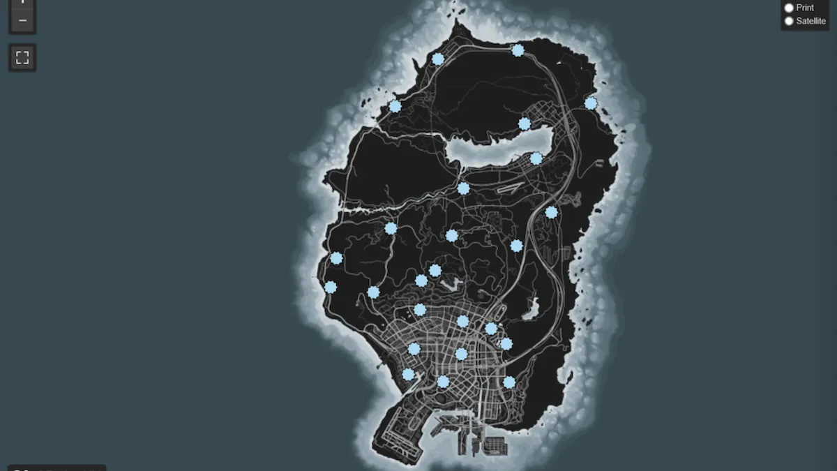 GTA Online map labelled with all the Snowman locations for the Festive Surprise event