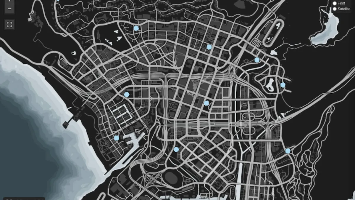 Downtown map of GTA Online labelled with the locations of the Snowmen for the Festive Surprise event.