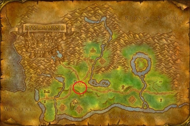Map of Elwynn Forest showing the exact location of Gelvas Grimgate